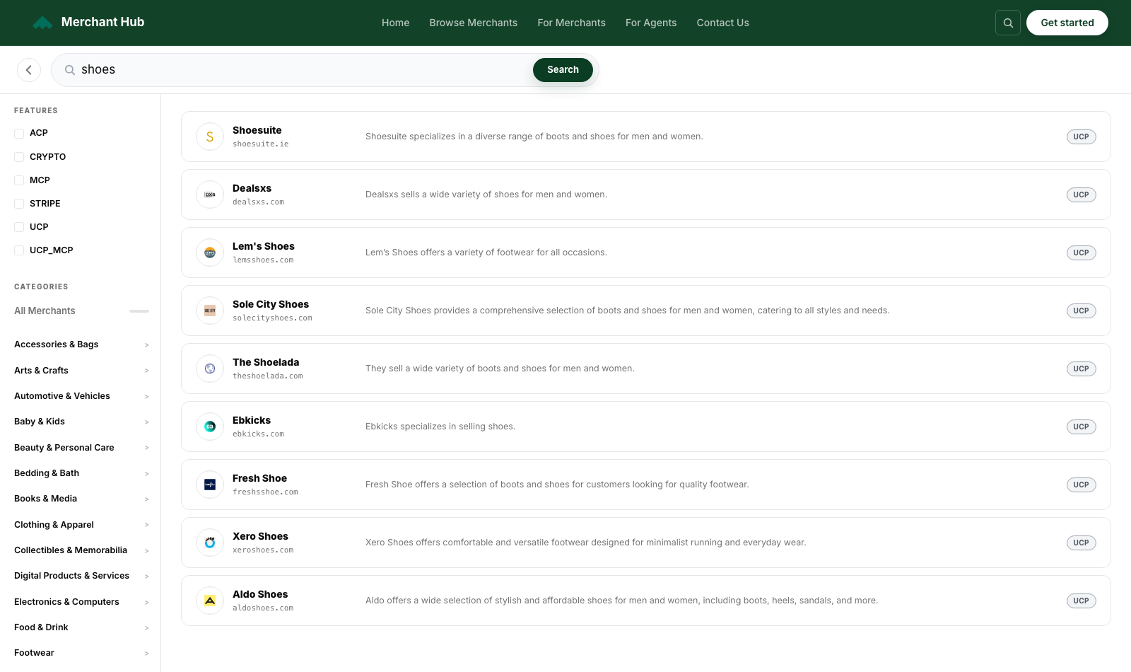 Merchant Hub showing relevant merchants returned for a shoes search